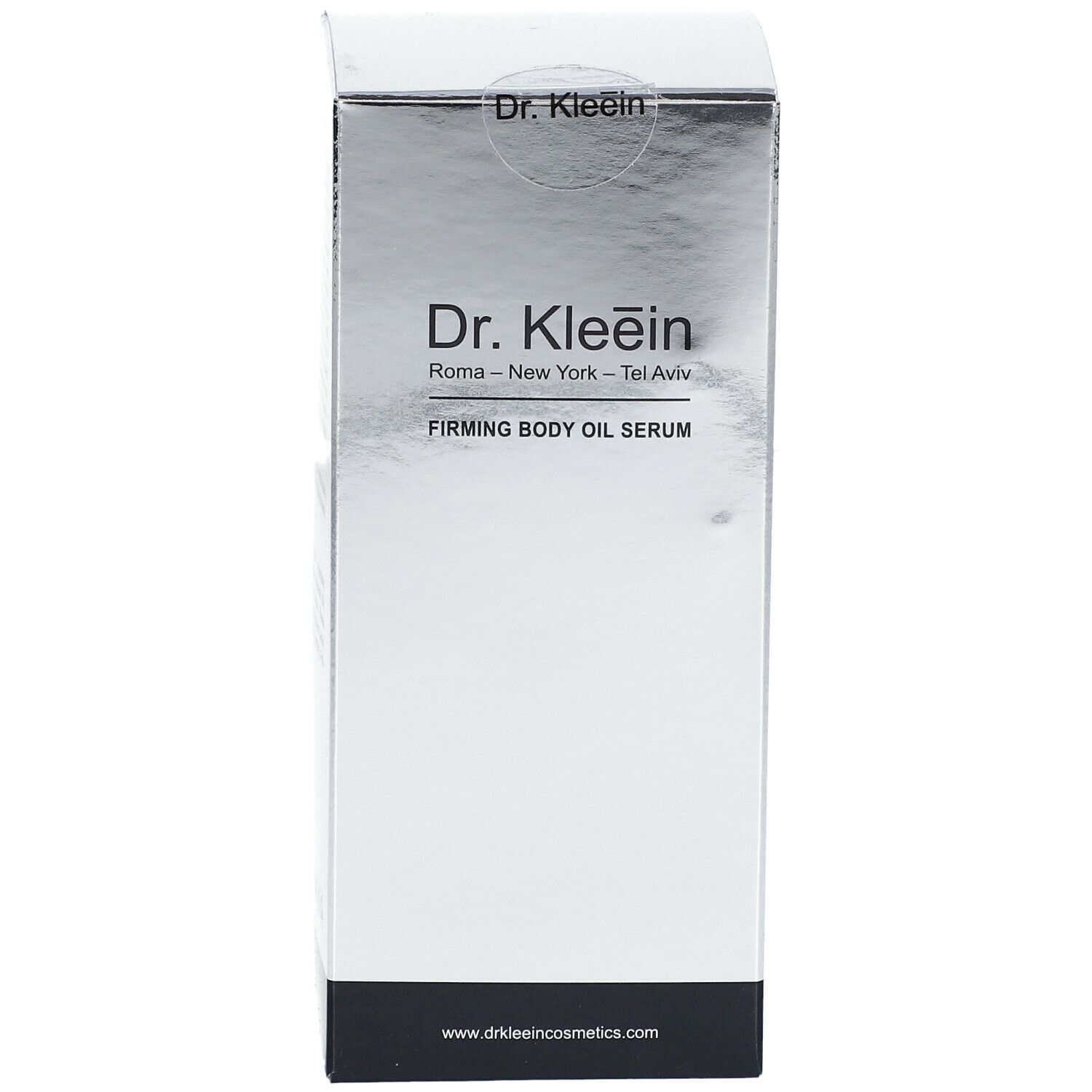 Confezione del prodotto in cartone argentato. Scritta "Dr. Kleein FIRMING BODY OIL SERUM". Zoccolo nero, nome del marchio e del prodotto.