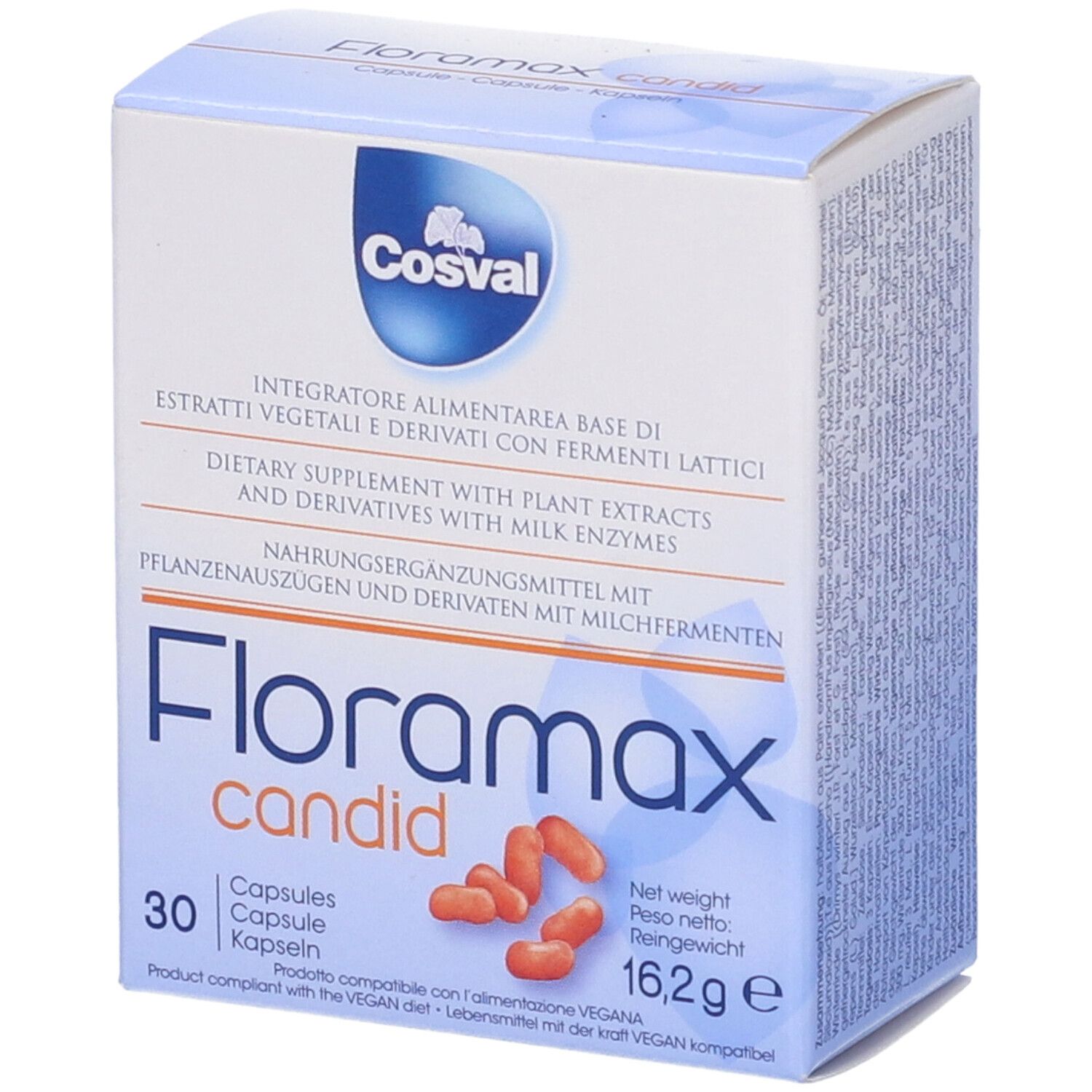 Scatola di capsule Floramax candid. 30 capsule, 16,2g. Vegano.