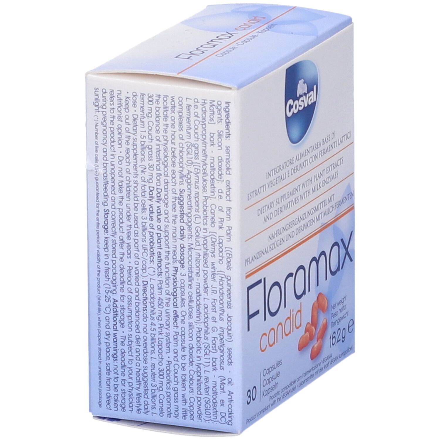 Scatola di capsule Floramax candid. 30 capsule, 16,2g. Vegano.