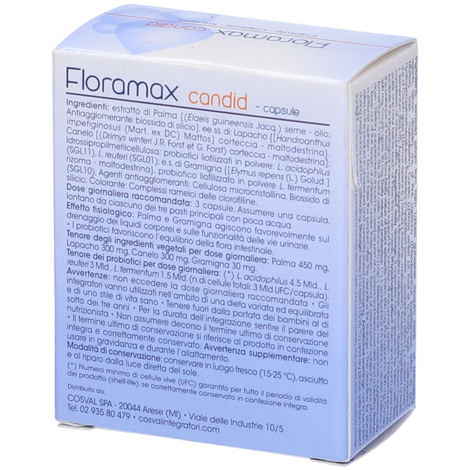 Retro della scatola di capsule Floramax candid. Elenco ingredienti.