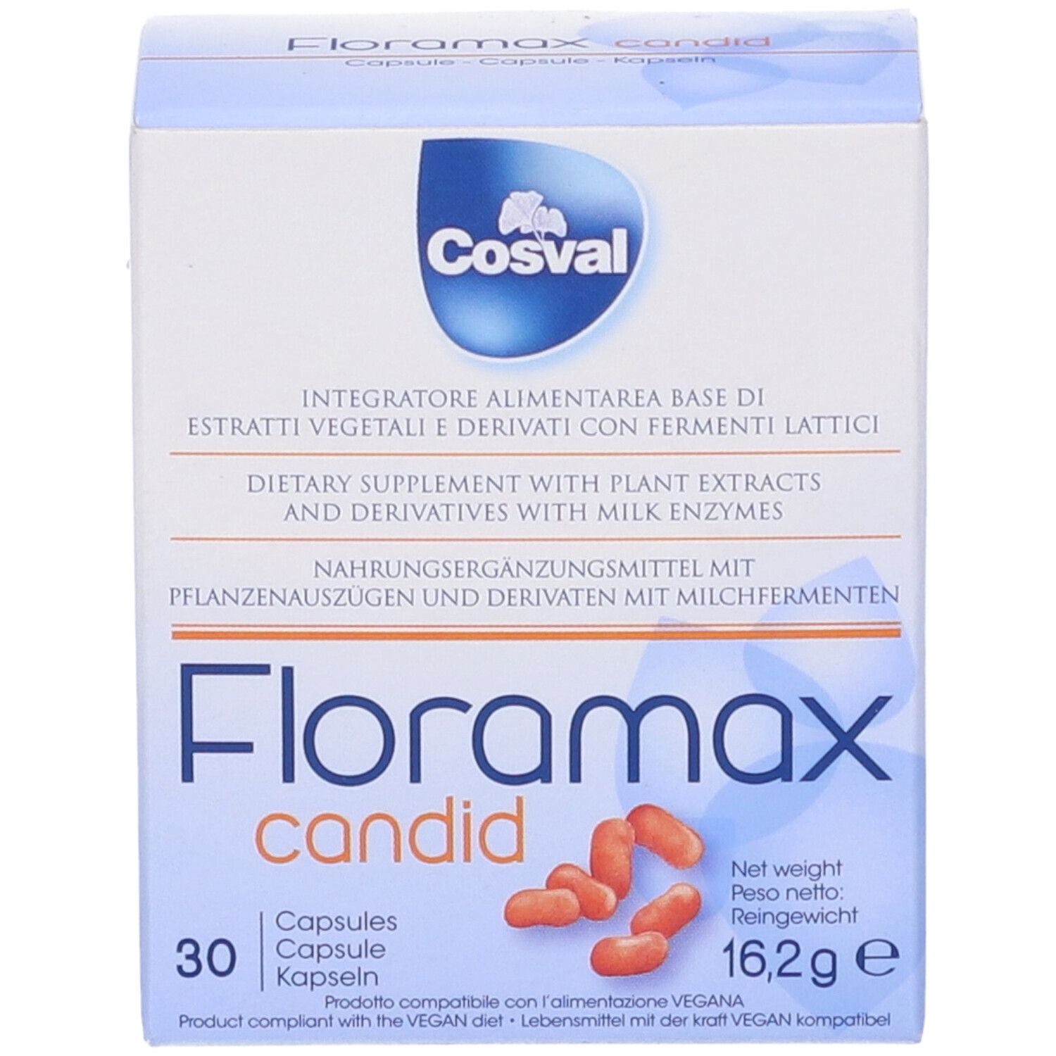 Scatola di capsule Floramax candid. 30 capsule, 16,2g. Vegano.