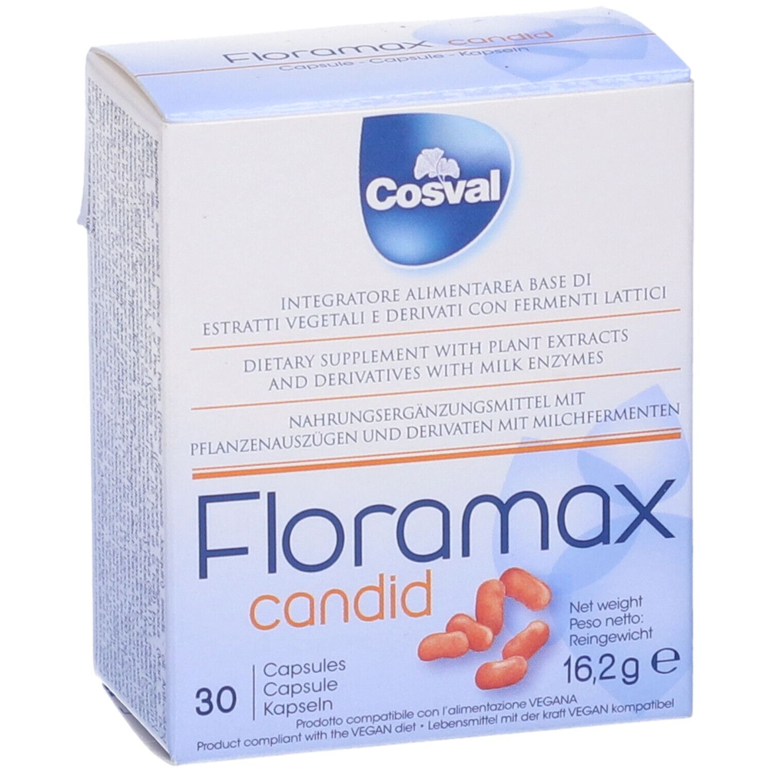 Scatola di capsule Floramax candid. 30 capsule, 16,2g. Vegano.