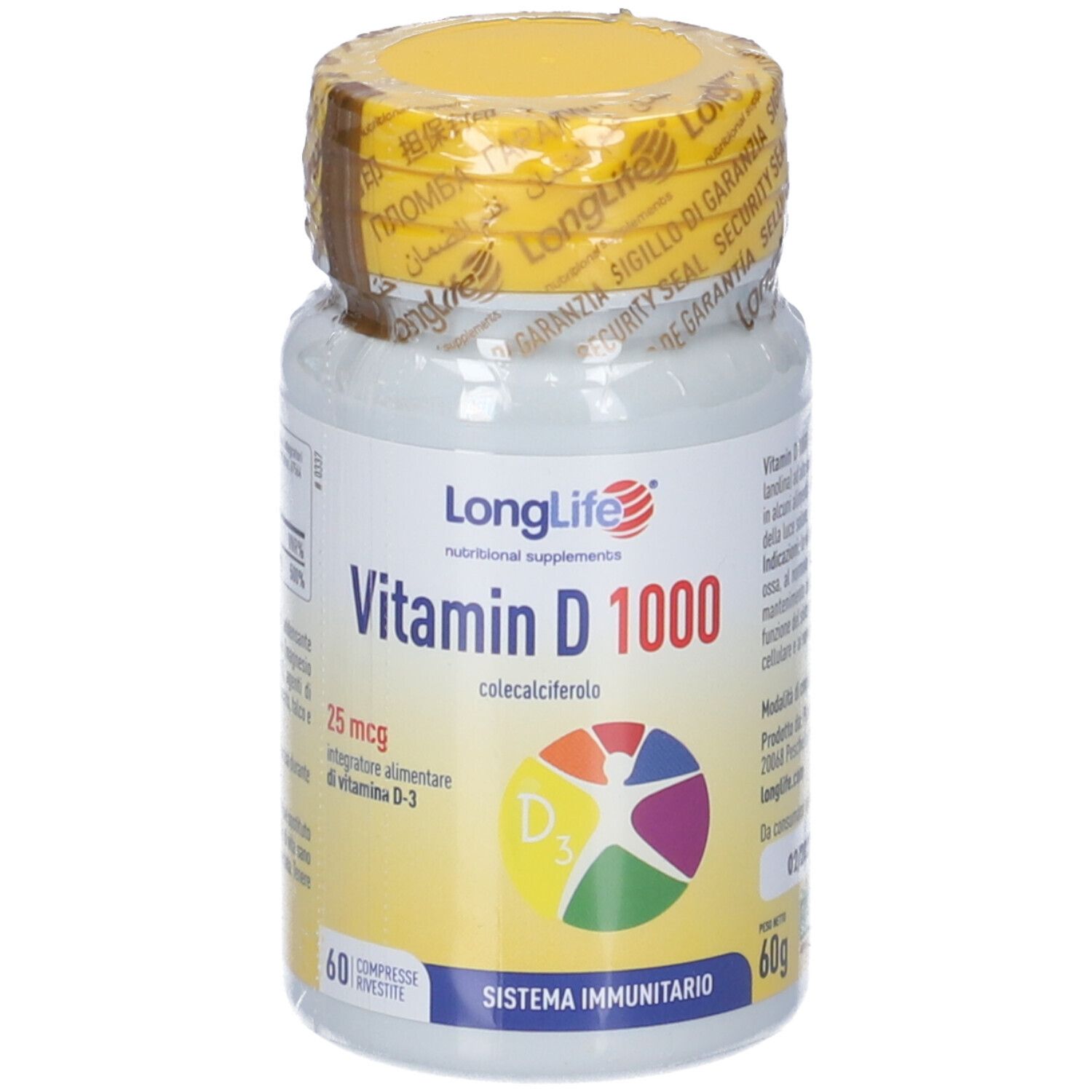 Vitamin D 1000 Flasche mit gelbem Deckel und Siegel. 60 Tabletten. Logo: LongLife.
