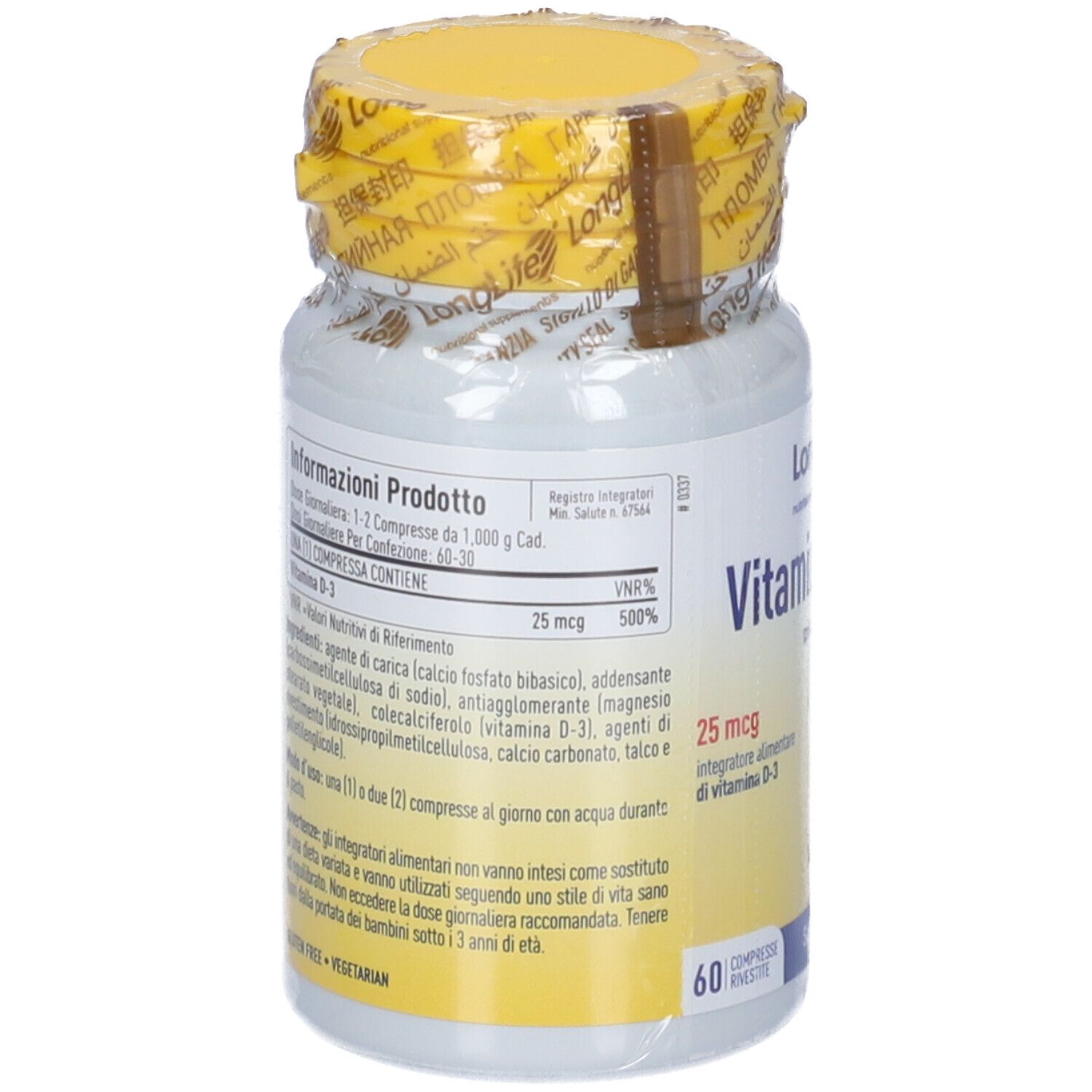 Rückseite der Vitamin D 1000 Flasche. Textinformationen und Inhaltsstoffe.