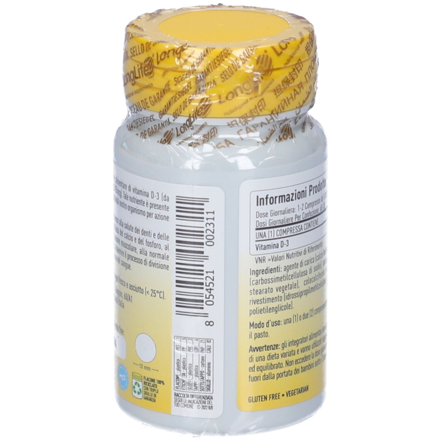 Rückseite der Vitamin D 1000 Flasche. Textinformationen und Inhaltsstoffe.