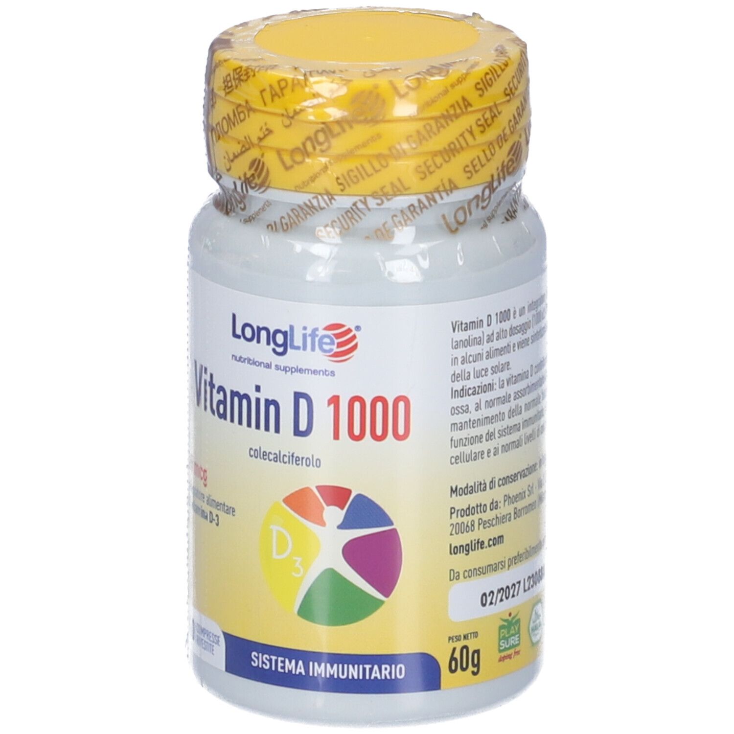 Vitamin D 1000 Flasche mit gelbem Deckel und Siegel. 60g. Logo: LongLife.