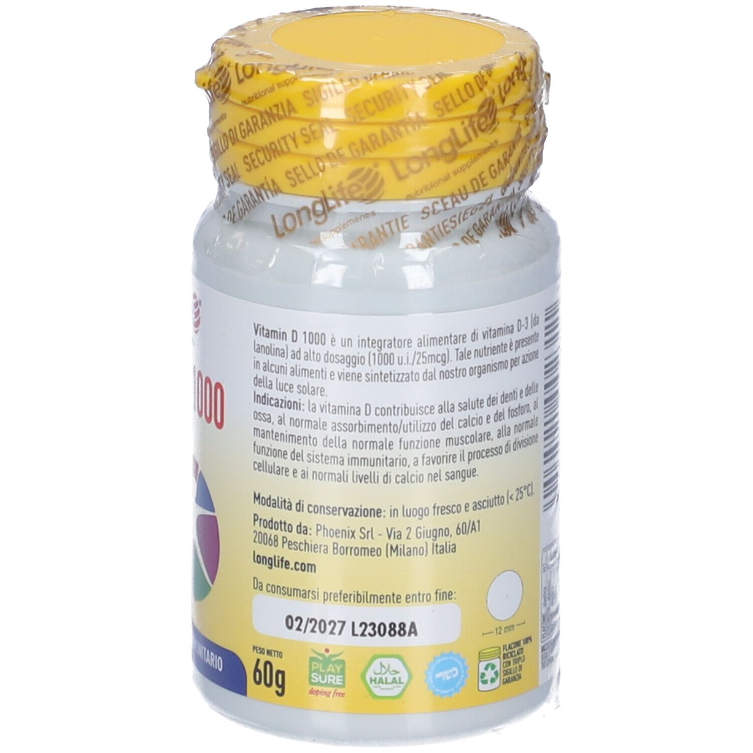 Vitamin D 1000 Flasche mit gelbem Deckel und Siegel. 60g. Logo: LongLife.