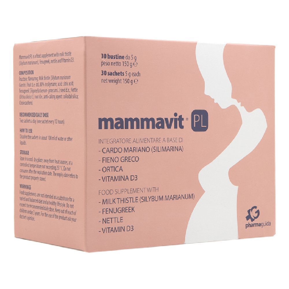 Scatola rosa con nome del prodotto e ingredienti. Illustrazione di donna incinta. 30 bustine.