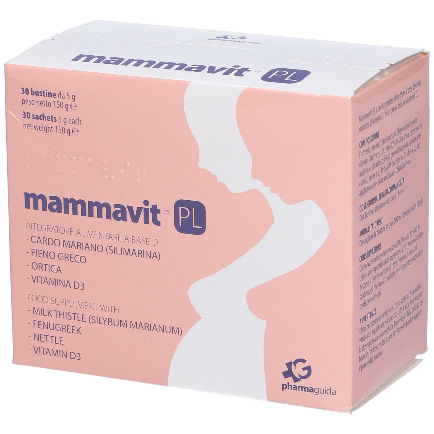 Scatola rosa con nome del prodotto e ingredienti. Illustrazione di donna incinta. 30 bustine.