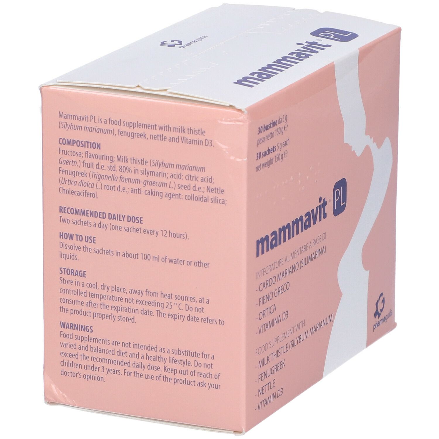 Scatola rosa con nome del prodotto e ingredienti. Illustrazione di donna incinta. 30 bustine.