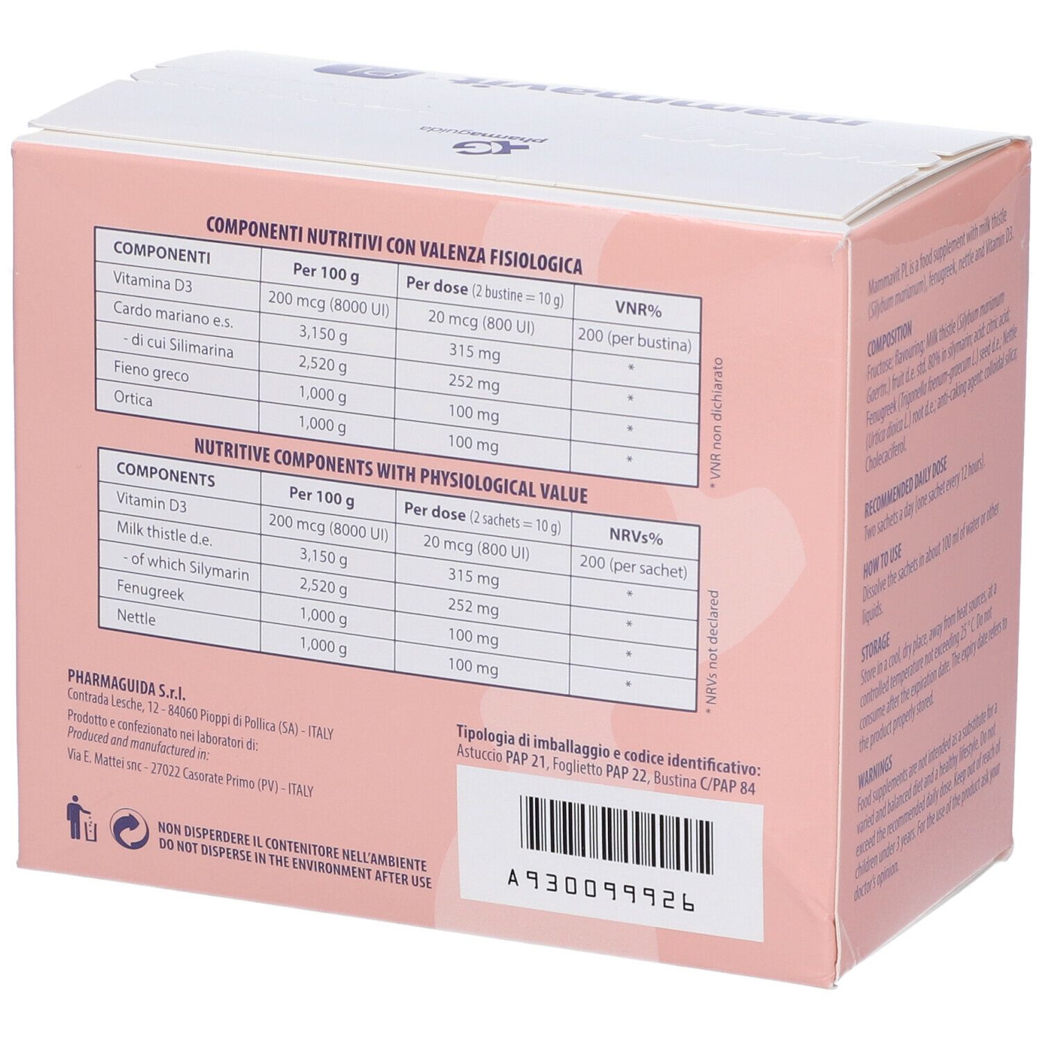 Scatola rosa con informazioni nutrizionali. Ingredienti e valori nutrizionali per dose. Testo in italiano.