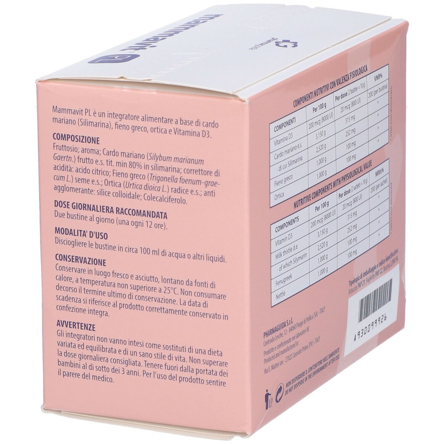 Scatola rosa con informazioni sul prodotto. Ingredienti, uso e avvertenze. Testo in italiano.