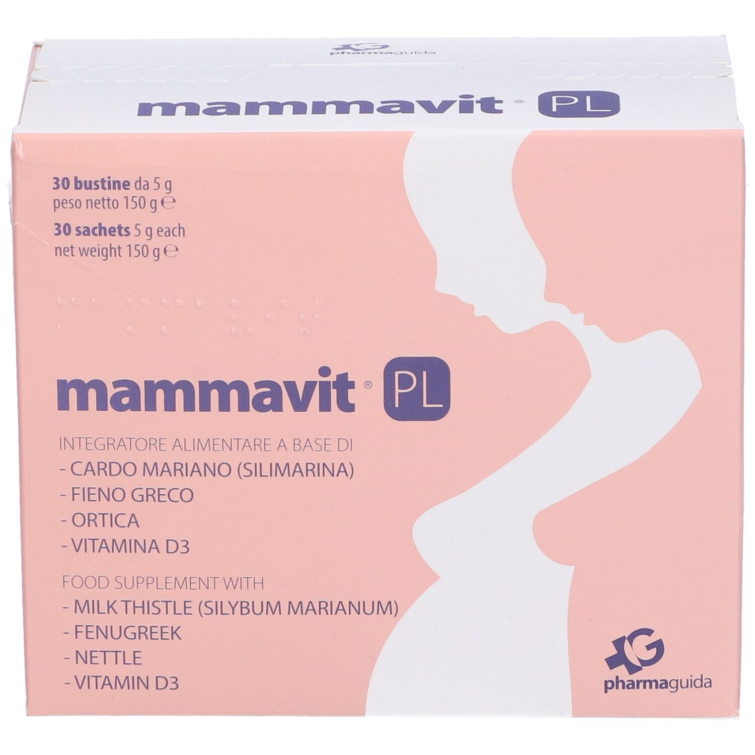 Scatola rosa con nome del prodotto e ingredienti. Illustrazione di donna incinta. 30 bustine.