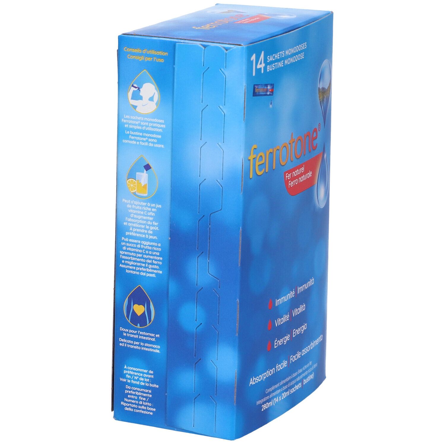 Blaue Schachtel, Seitenansicht. ferrotone®-Logo sichtbar. Text und Illustrationen. 14 Sachets Monodoses.