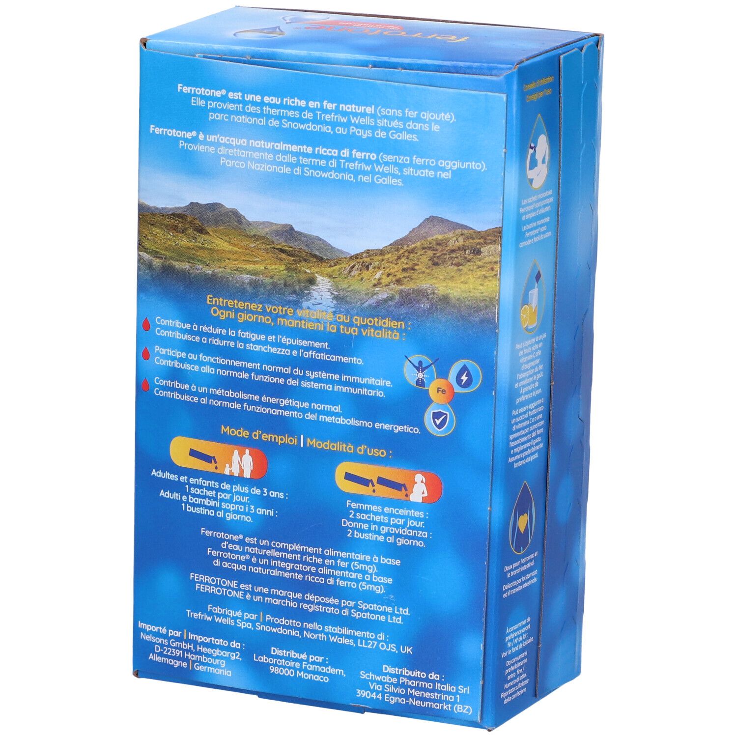 Rückseite der blauen ferrotone®-Schachtel. Text in mehreren Sprachen. Illustrationen und Produktinformationen.
