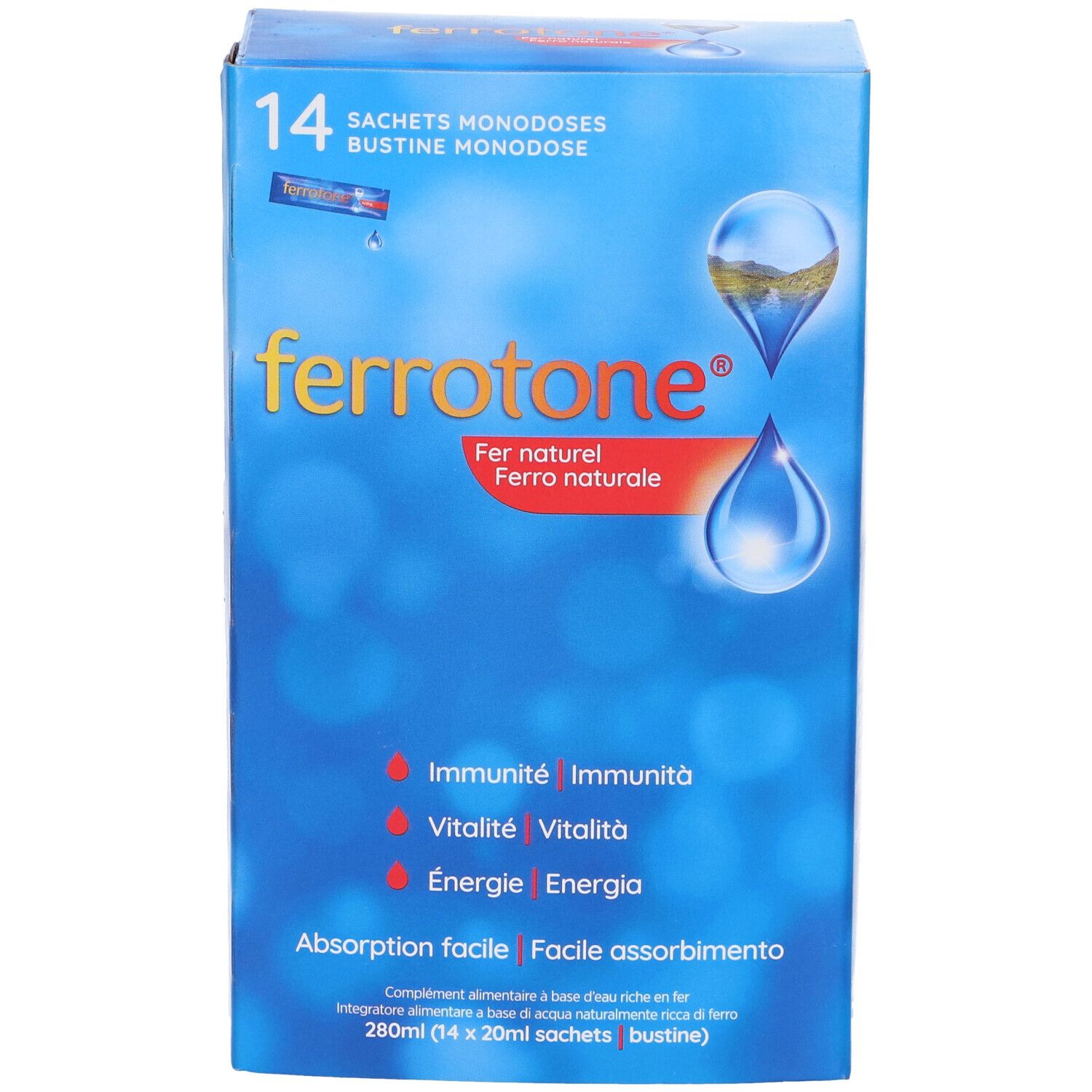 Blaue Schachtel mit ferrotone®-Logo und Produktinformationen. 14 Sachets Monodoses. Wasser-Tropfen-Design.