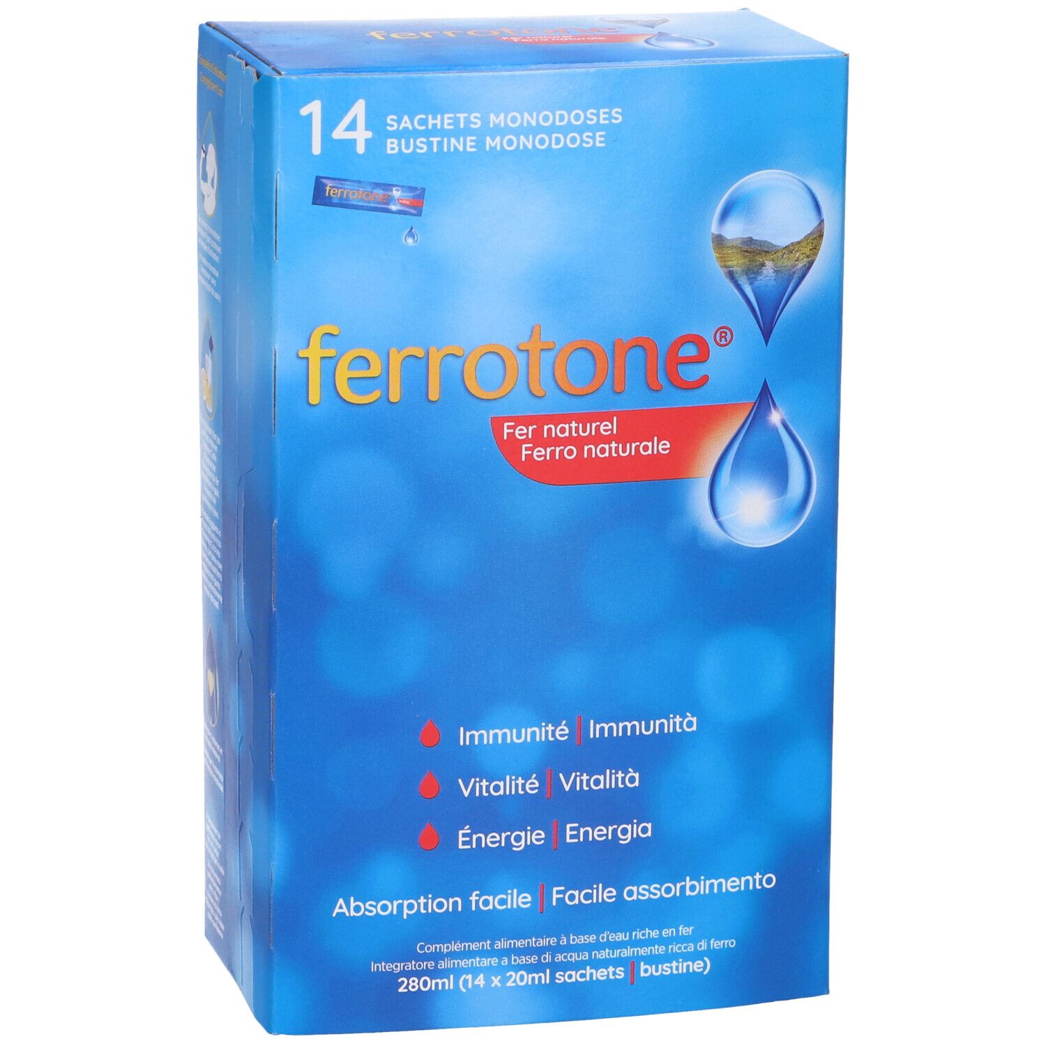 Blaue Schachtel mit ferrotone®-Logo und Produktinformationen. 14 Sachets Monodoses. Wasser-Tropfen-Design.