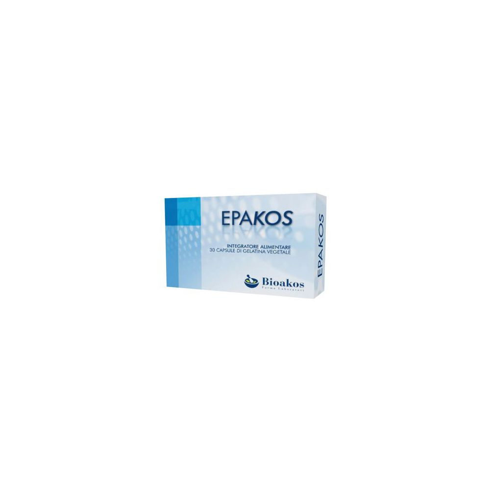Scatola "EPAKOS" bianca e blu. Logo "Bioakos".