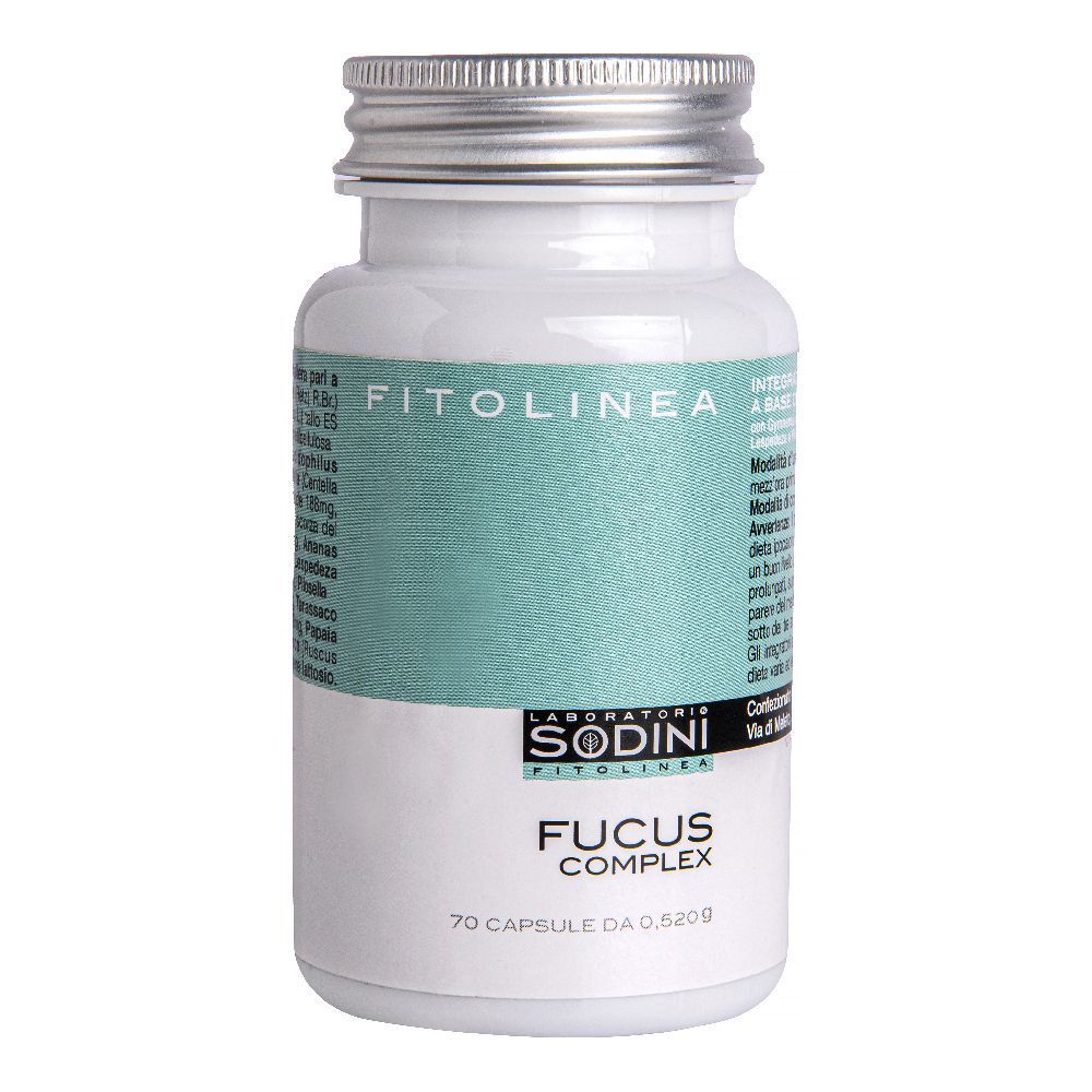 Flacone bianco, tappo argento. Scritte: Fitolinea, Fucus Complex, 70 capsule. Laboratori Sodini.