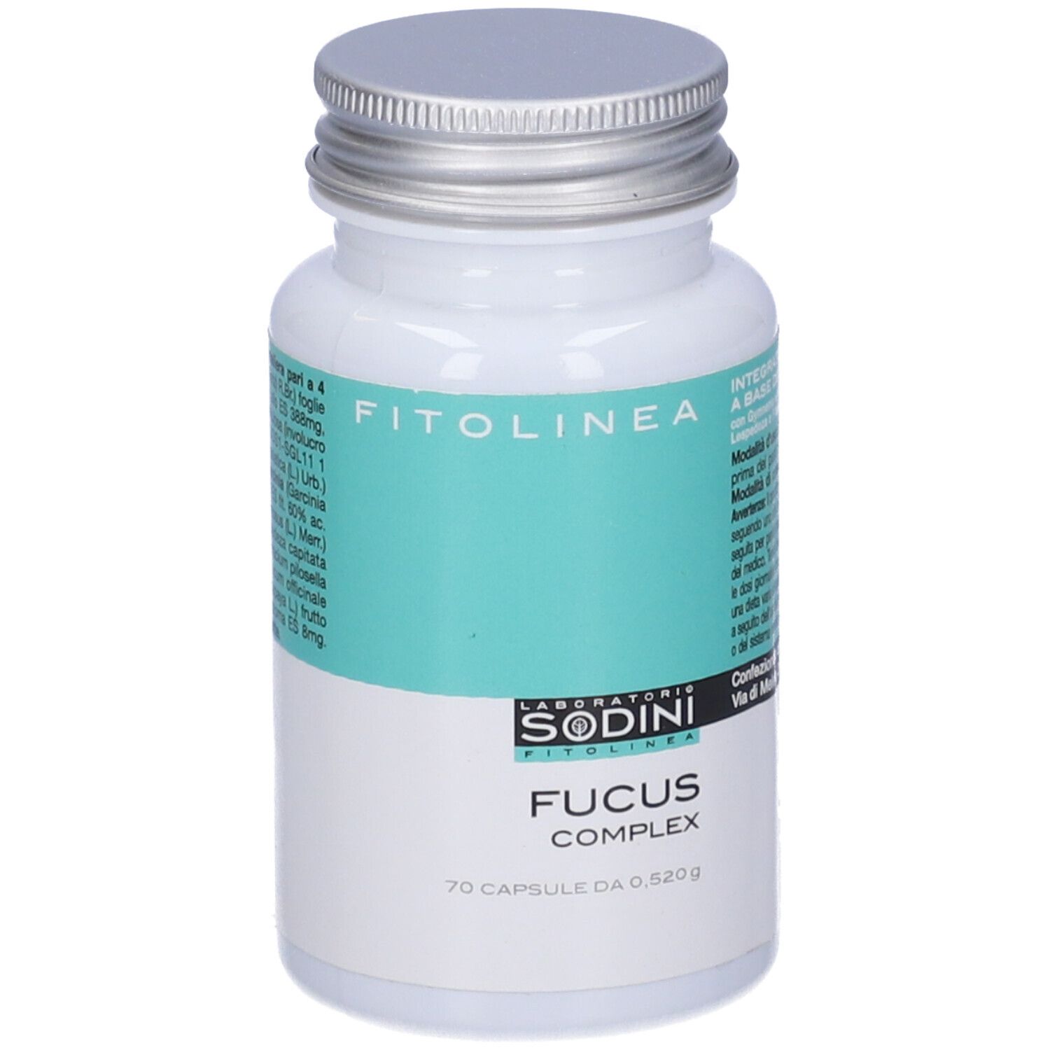 Flacone bianco, tappo argento. Scritte: Fitolinea, Fucus Complex, 70 capsule. Laboratori Sodini.