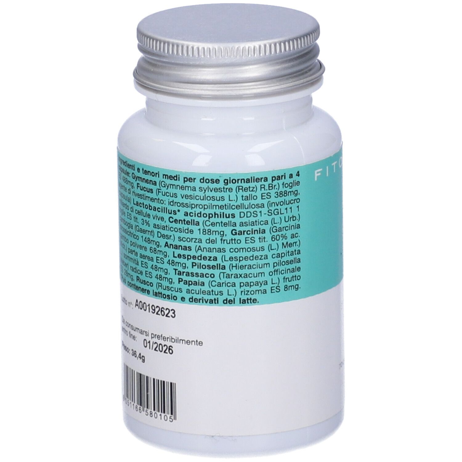 Retro del flacone bianco. Testo con ingredienti e data di scadenza. Laboratori Sodini.