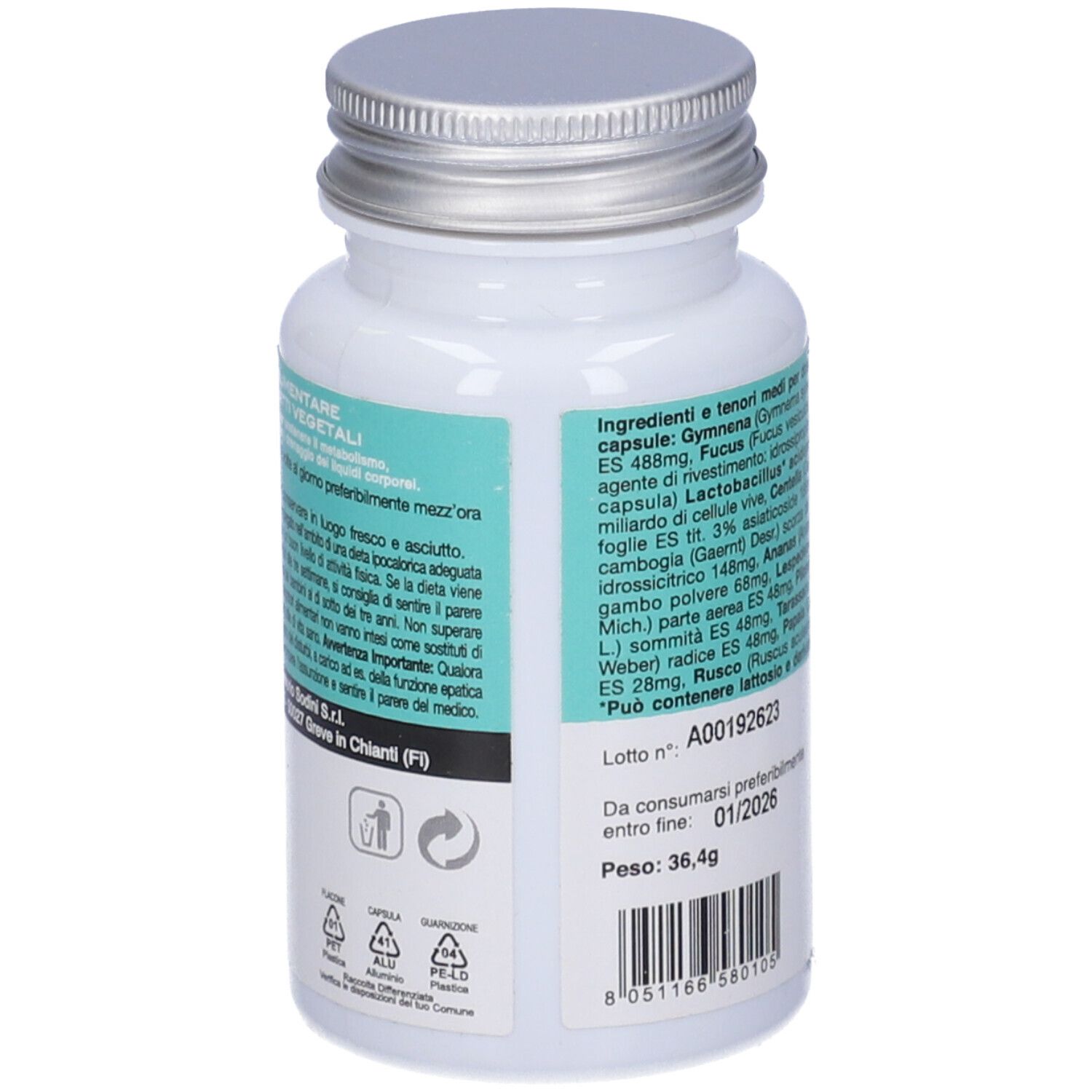 Retro del flacone bianco. Testo con ingredienti e data di scadenza. Laboratori Sodini.