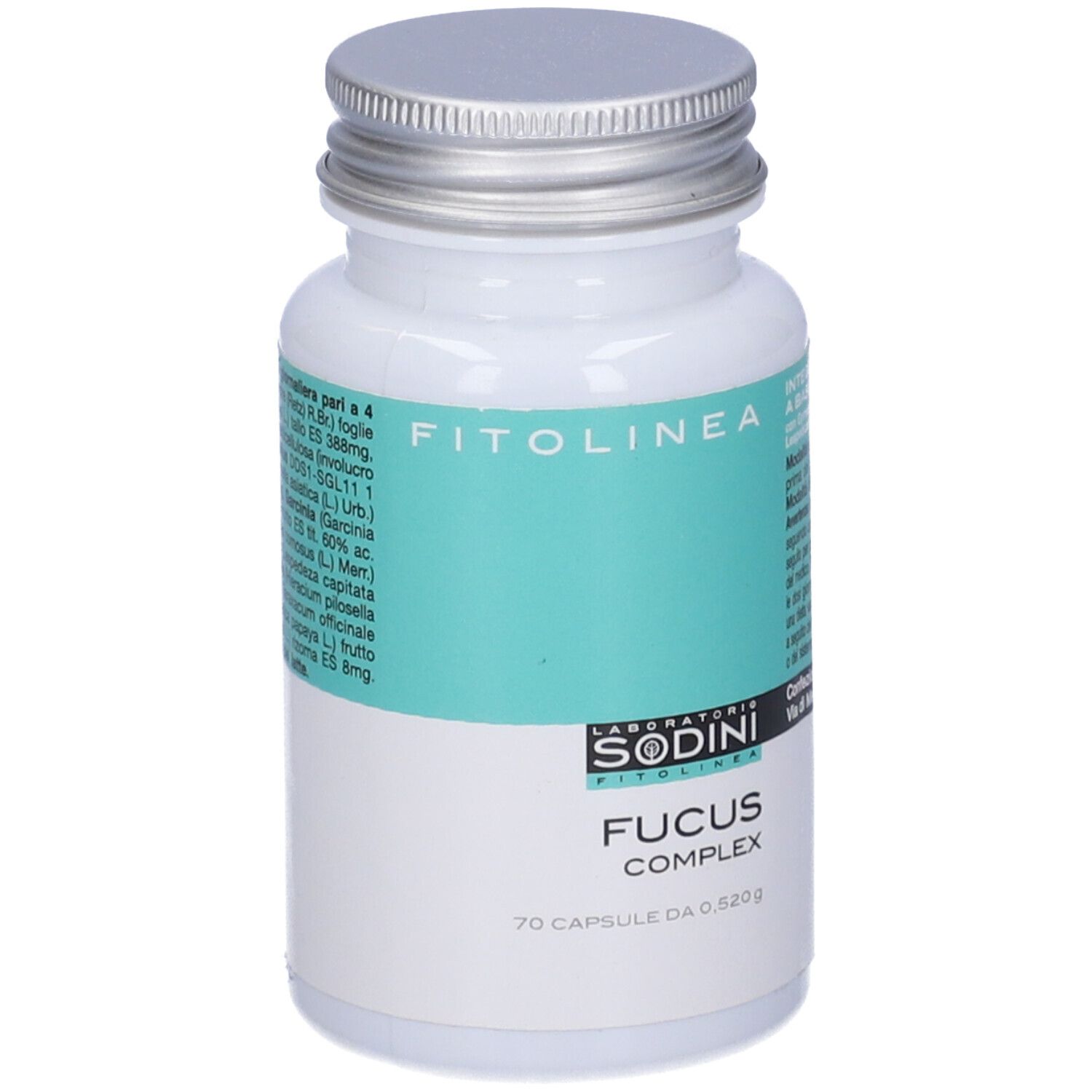 Flacone bianco, tappo argento. Scritte: Fitolinea, Fucus Complex, 70 capsule. Laboratori Sodini.
