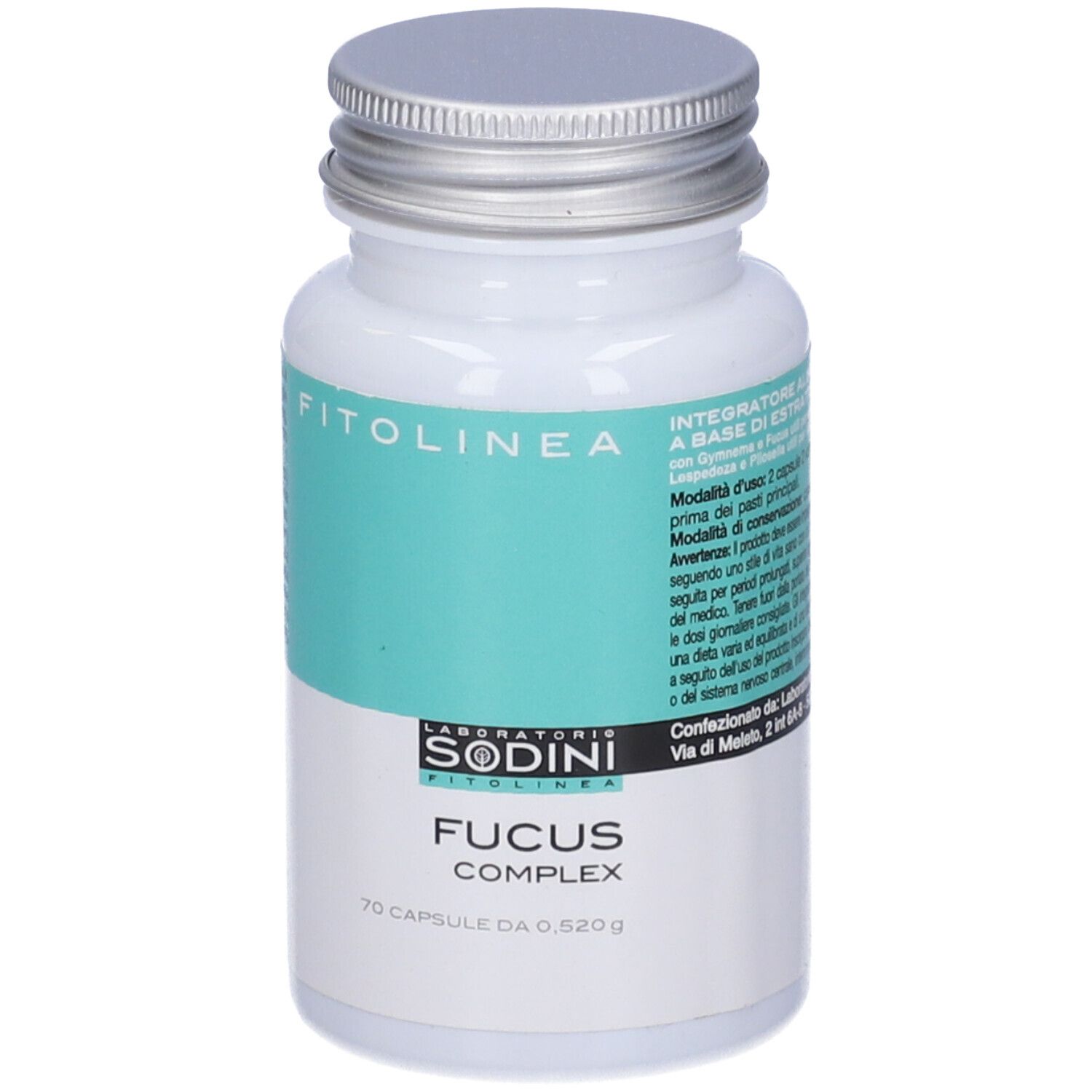 Flacone bianco, tappo argento. Scritte: Fitolinea, Fucus Complex, 70 capsule. Laboratori Sodini.