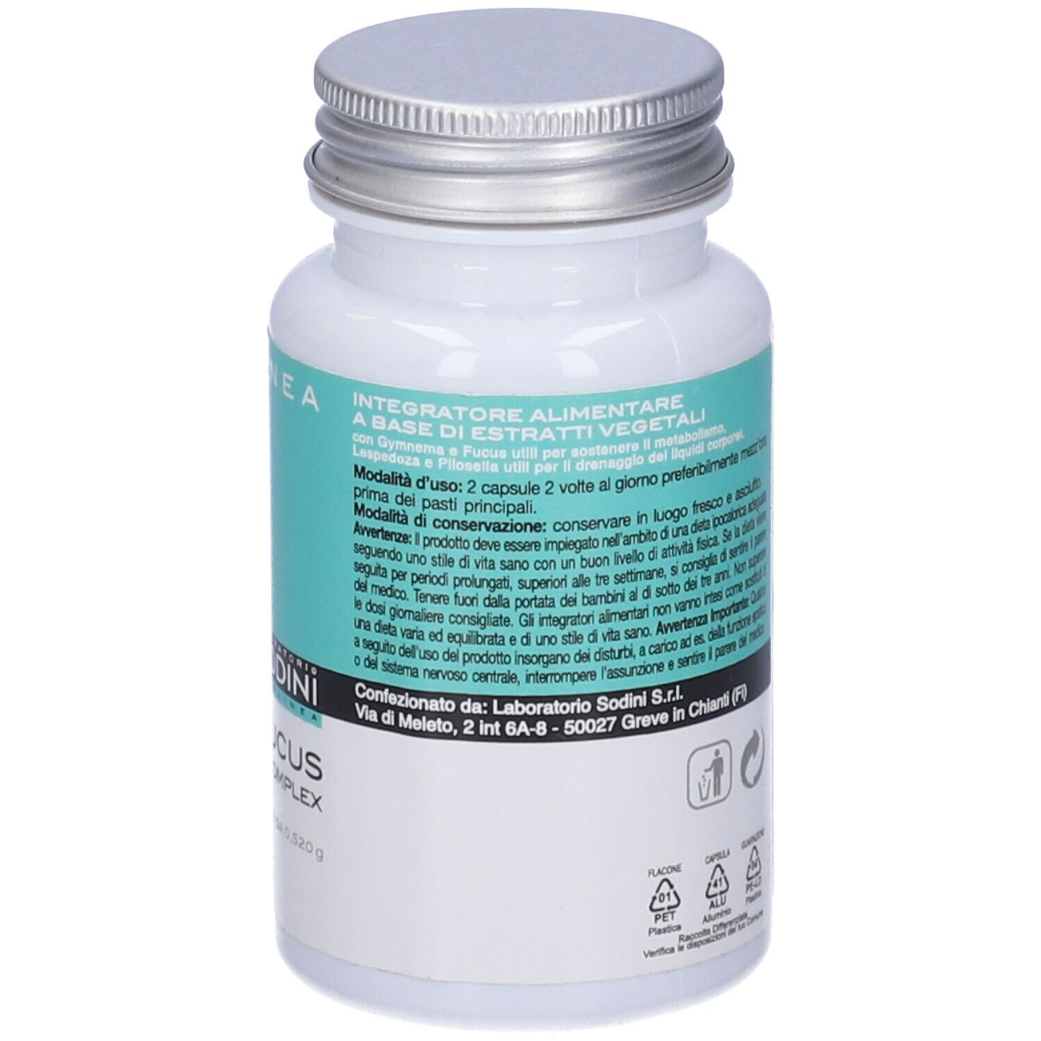 Retro del flacone bianco. Testo con ingredienti e istruzioni per l'uso. Laboratori Sodini.