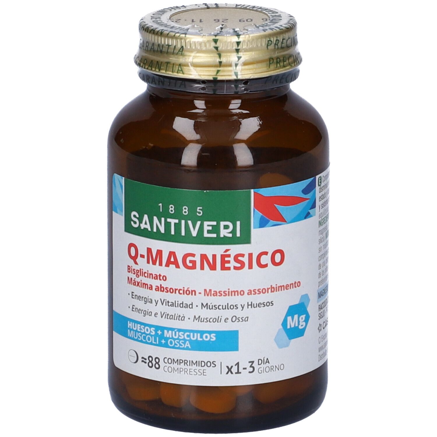 Flacone in vetro marrone con compresse. Scritta: Santiveri Q-Magnesico. Tappo dorato.