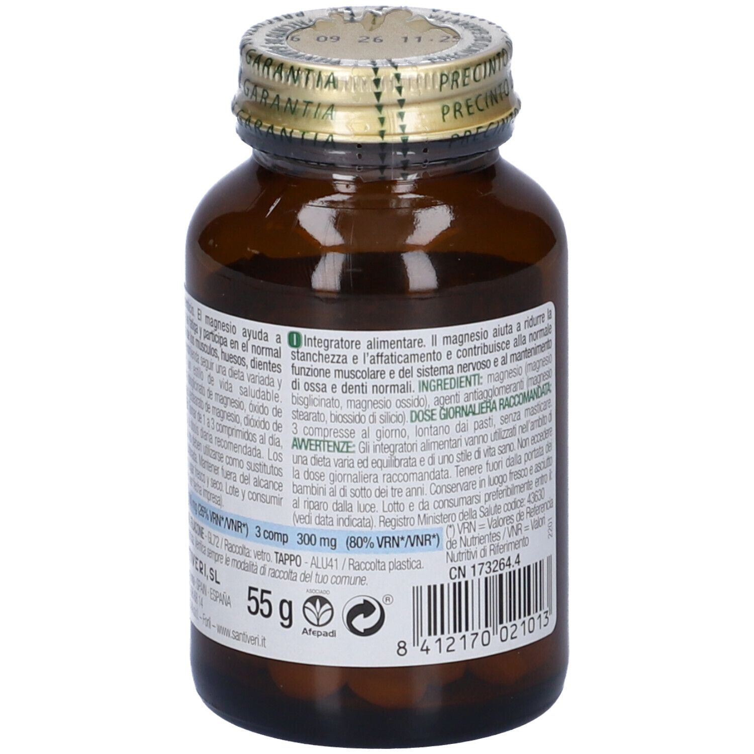 Flacone in vetro marrone. Retro con informazioni sugli ingredienti e produttore.