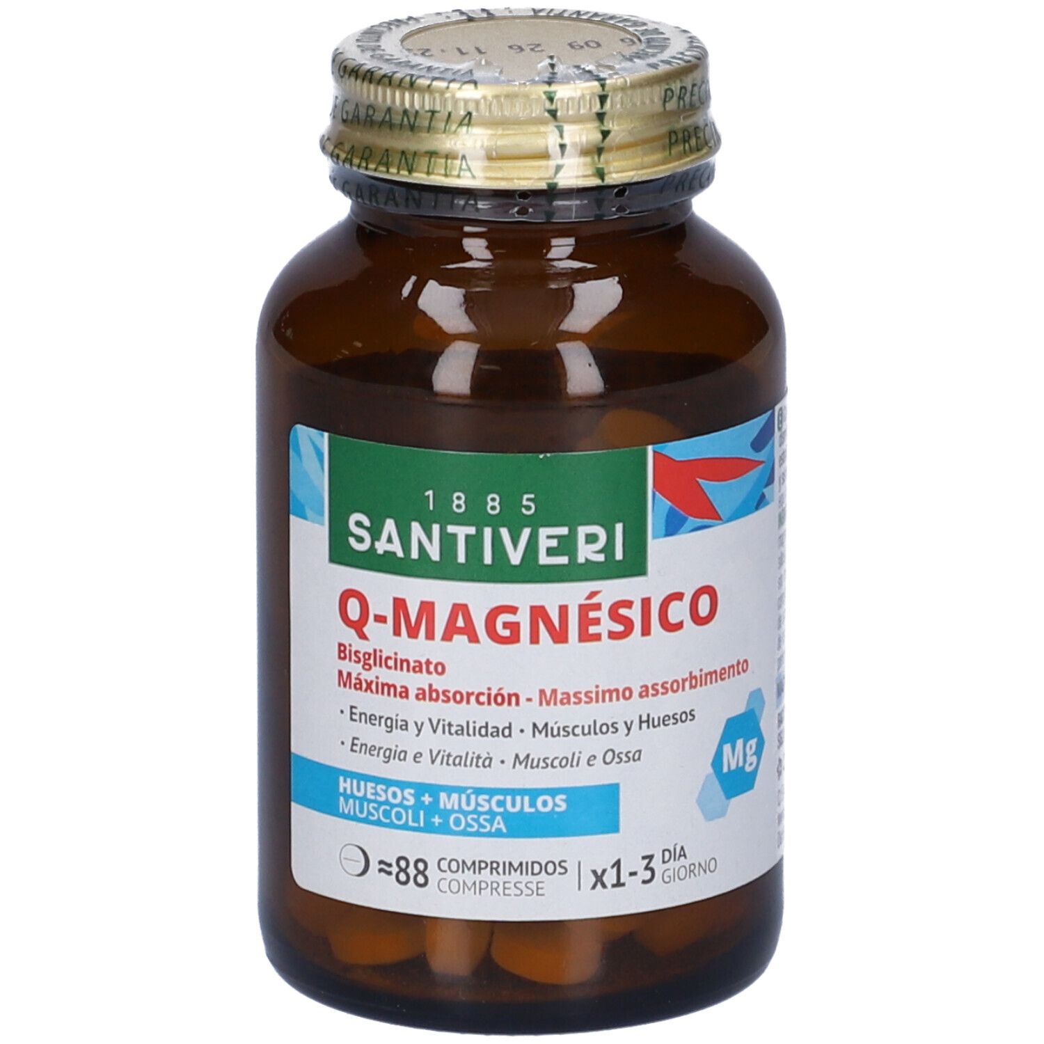 Flacone in vetro marrone con compresse. Scritta: Santiveri Q-Magnesico. Tappo dorato.