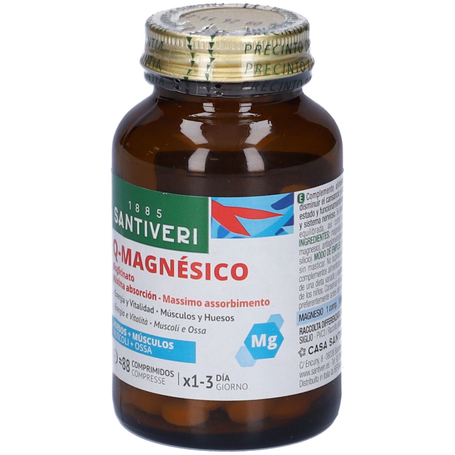 Flacone in vetro marrone con compresse. Scritta: Santiveri Q-Magnesico. Etichetta con informazioni.