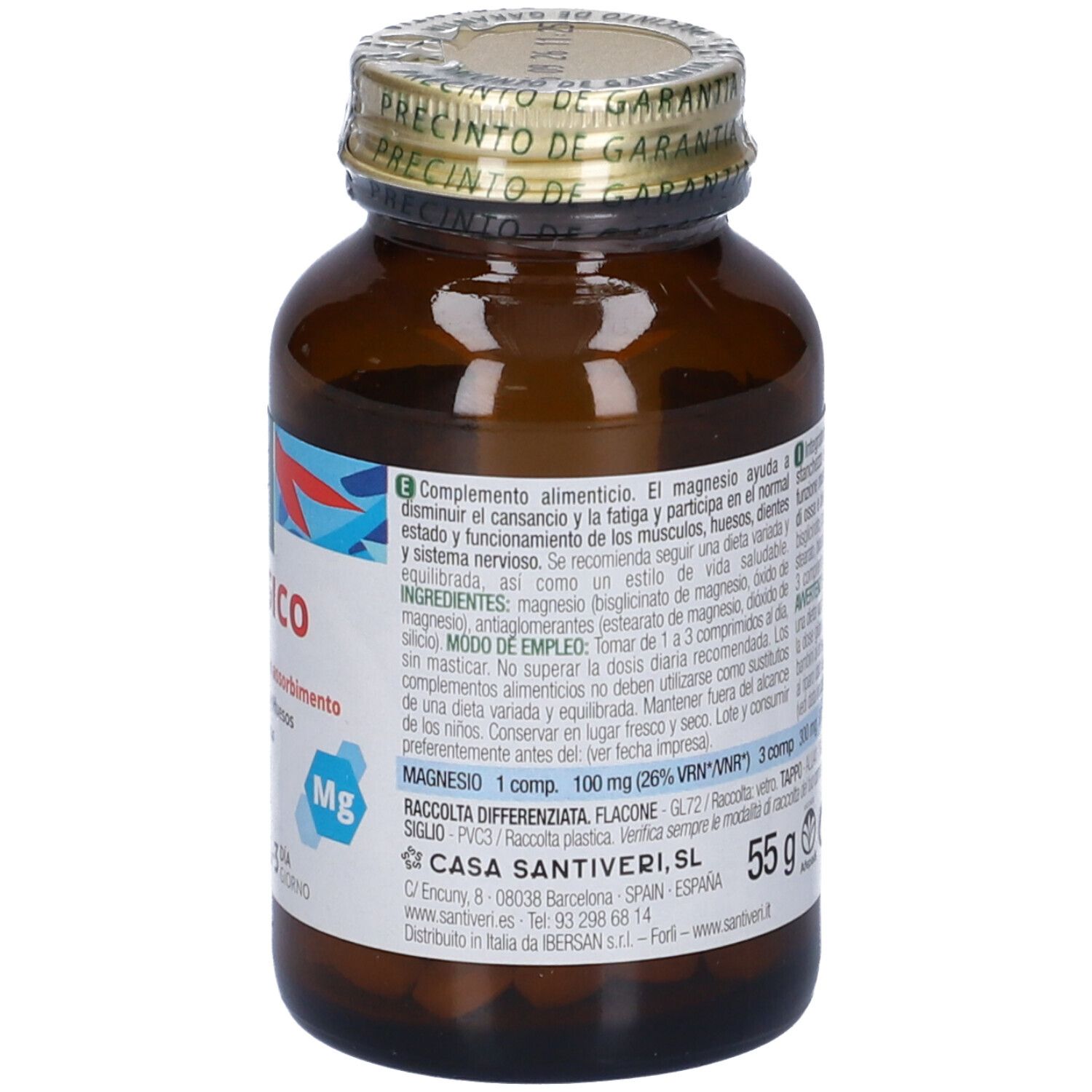 Flacone in vetro marrone. Retro con informazioni sugli ingredienti e produttore.