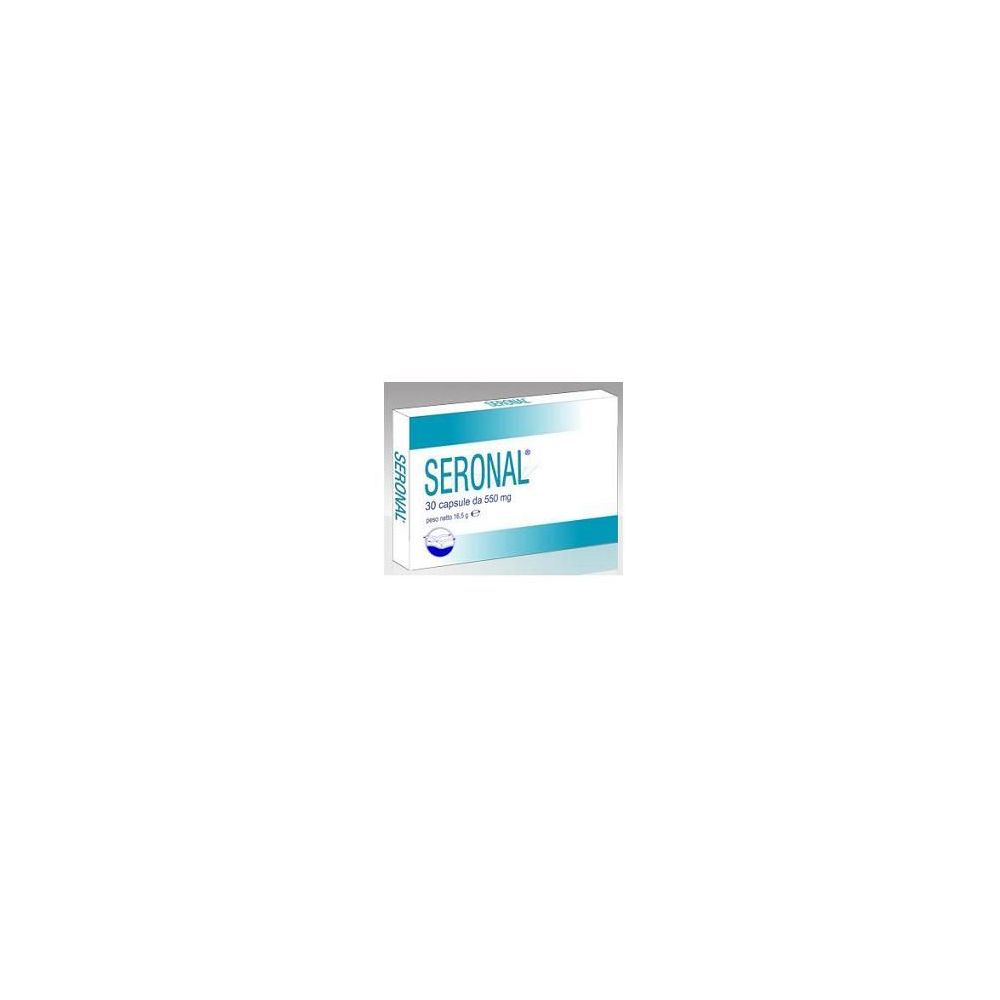 Scatola bianca con logo e testo Seronal blu. Contiene 30 capsule. Scritto: 30 capsule, peso 19,5 g.