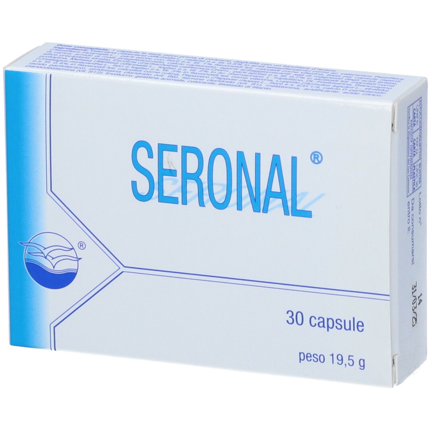 Scatola bianca con logo e testo Seronal blu. Contiene 30 capsule. Scritto: 30 capsule, peso 19,5 g.