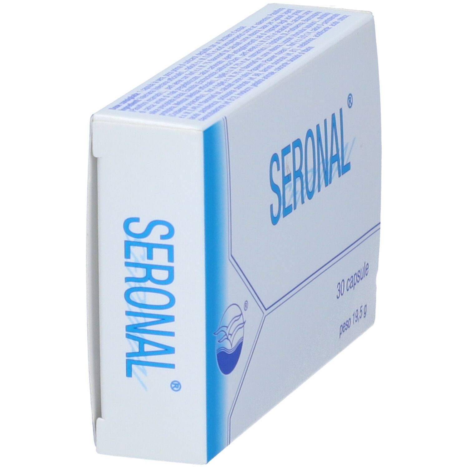 Scatola bianca con logo e testo Seronal blu. Contiene 30 capsule. Scritto: 30 capsule, peso 19,5 g.