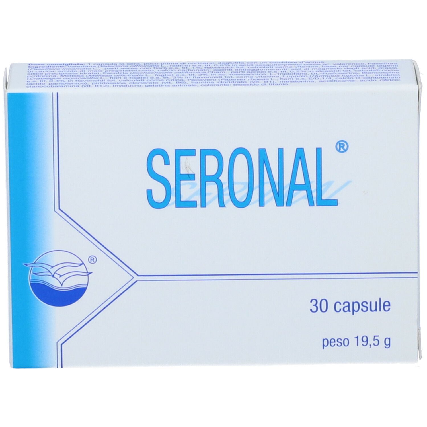 Scatola bianca con logo e testo Seronal blu. Contiene 30 capsule. Scritto: 30 capsule, peso 19,5 g.