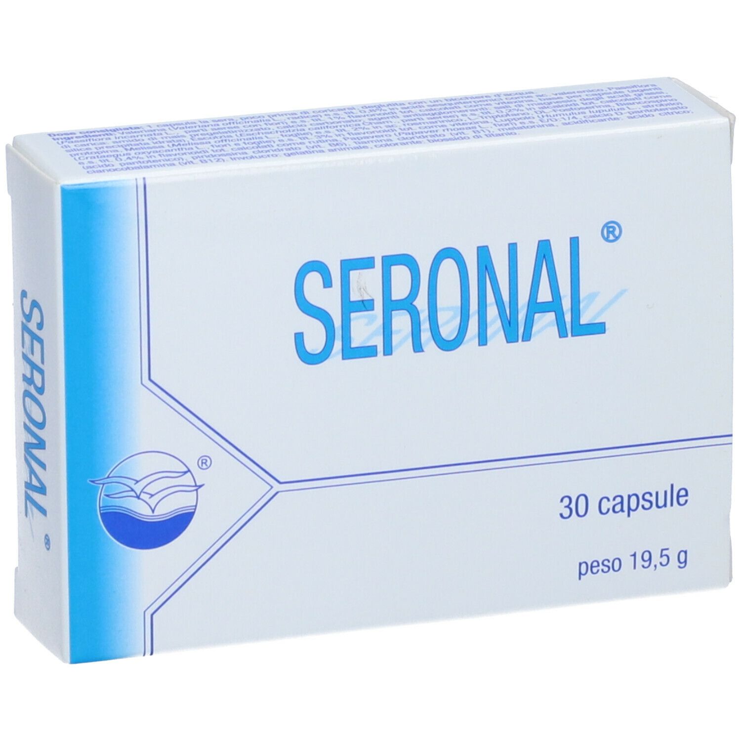 Scatola bianca con logo e testo Seronal blu. Contiene 30 capsule. Scritto: 30 capsule, peso 19,5 g.