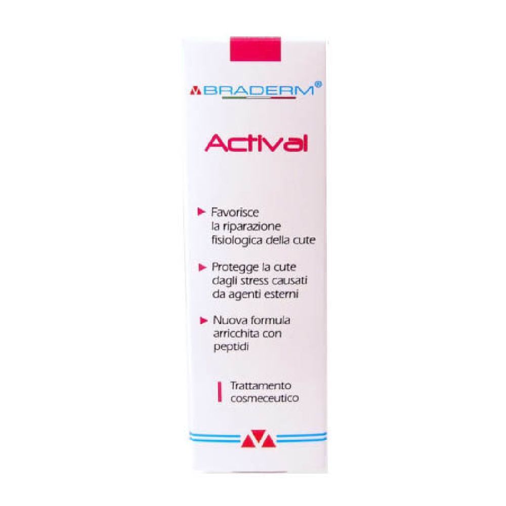 Prodotto bianco con accento rosso. Testo: Braderm, Actival. Contiene informazioni per la cura della pelle. Trattamento cosmetico.