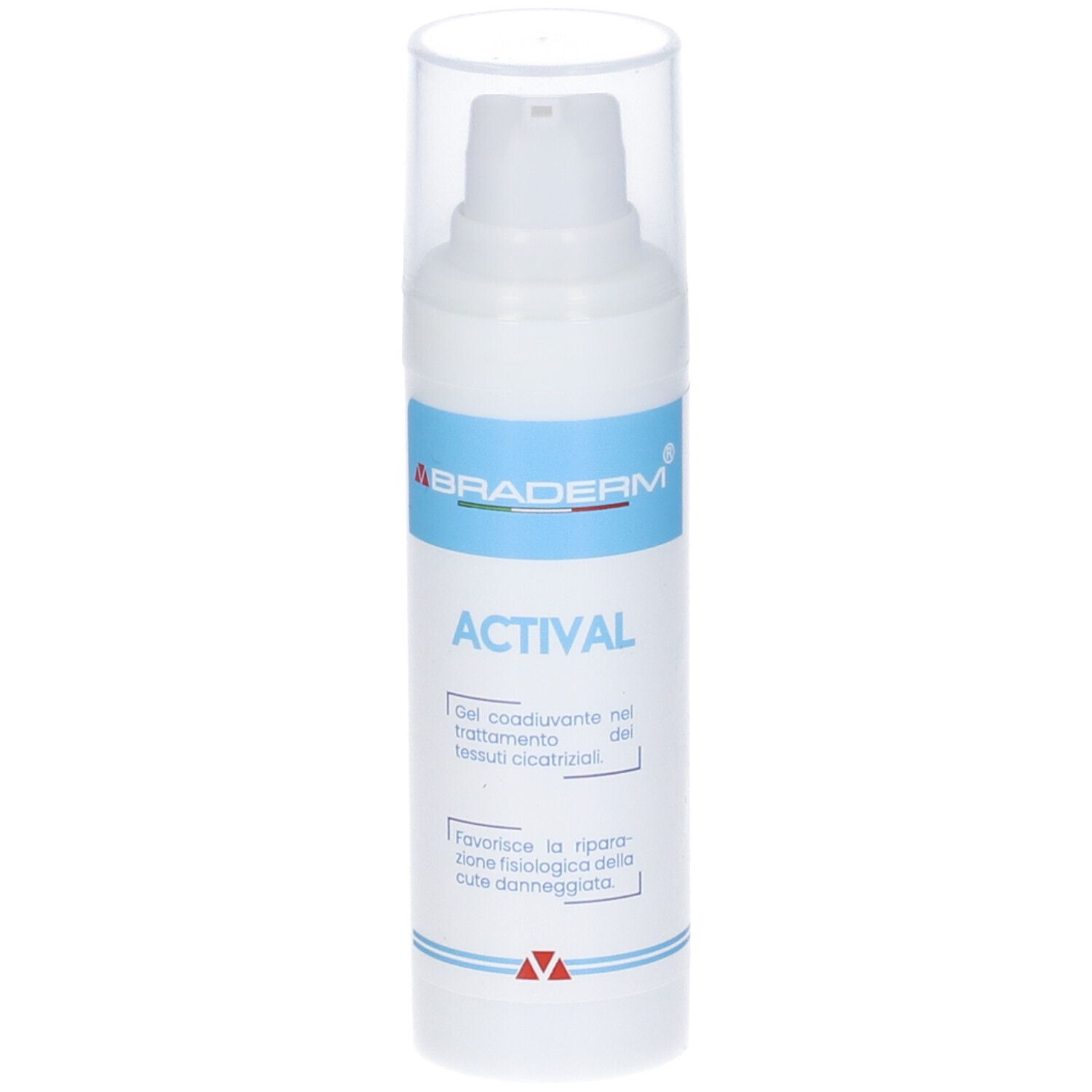 Flacone bianco con coperchio trasparente. Testo: Braderm, Actival. Gel per il trattamento dei tessuti cicatriziali. Con dosatore.