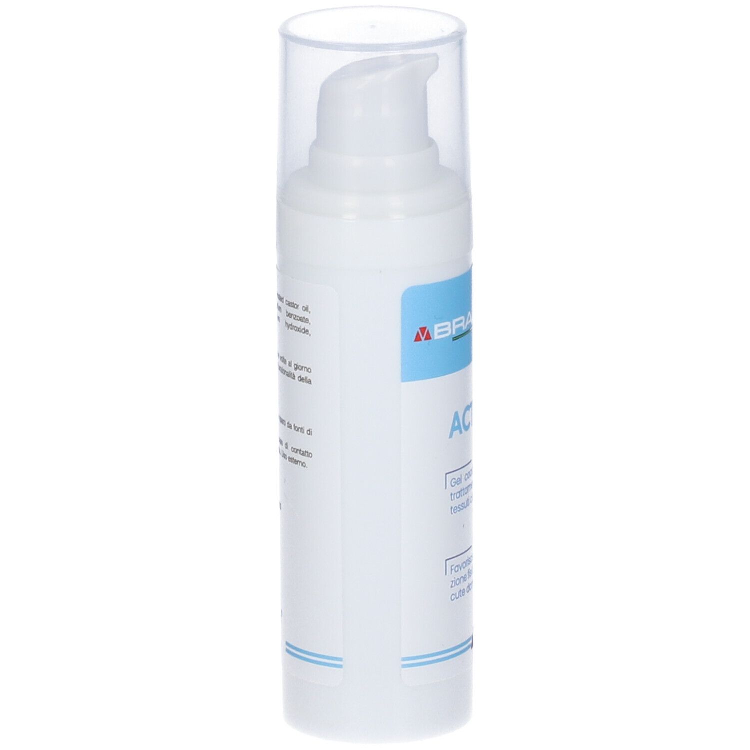 Flacone bianco con coperchio trasparente. Testo: Braderm, Actival. Gel per il trattamento dei tessuti cicatriziali. Con dosatore.