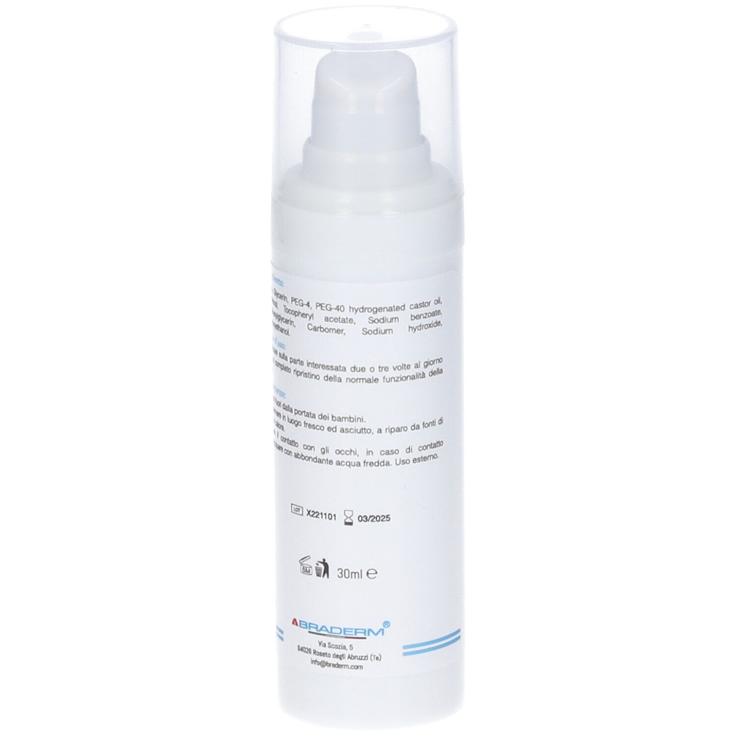 Flacone bianco con coperchio trasparente. Testo: Braderm, Actival. Gel per il trattamento dei tessuti cicatriziali. Con dosatore.