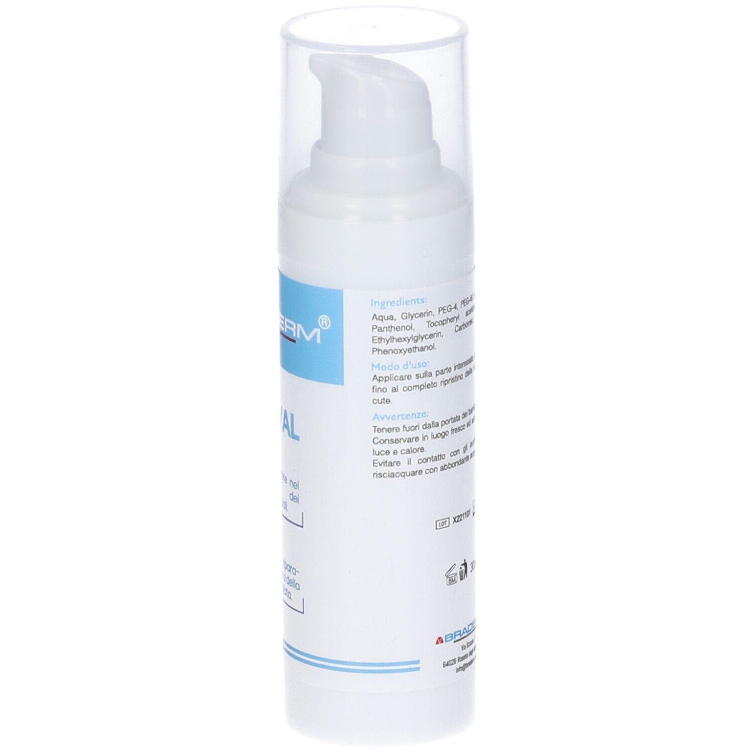 Flacone bianco con coperchio trasparente. Testo: Braderm, Actival. Gel per il trattamento dei tessuti cicatriziali. Con dosatore.