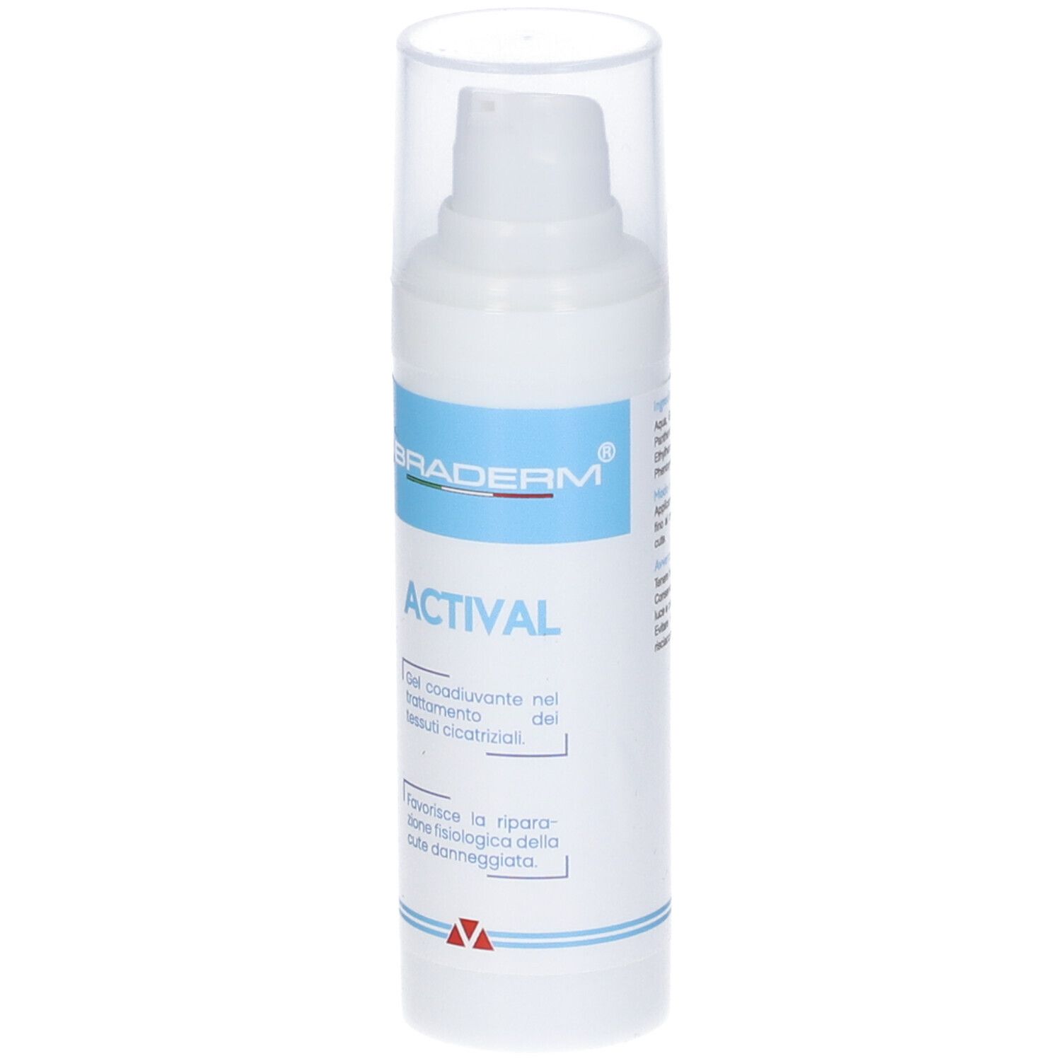 Flacone bianco con coperchio trasparente. Testo: Braderm, Actival. Gel per il trattamento dei tessuti cicatriziali. Con dosatore.