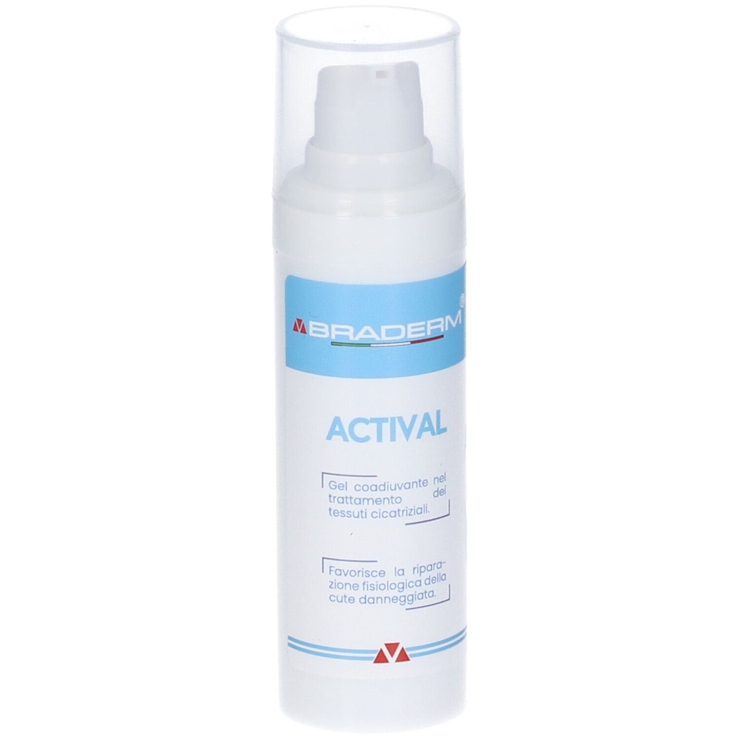 Flacone bianco con coperchio trasparente. Testo: Braderm, Actival. Gel per il trattamento dei tessuti cicatriziali. Con dosatore.