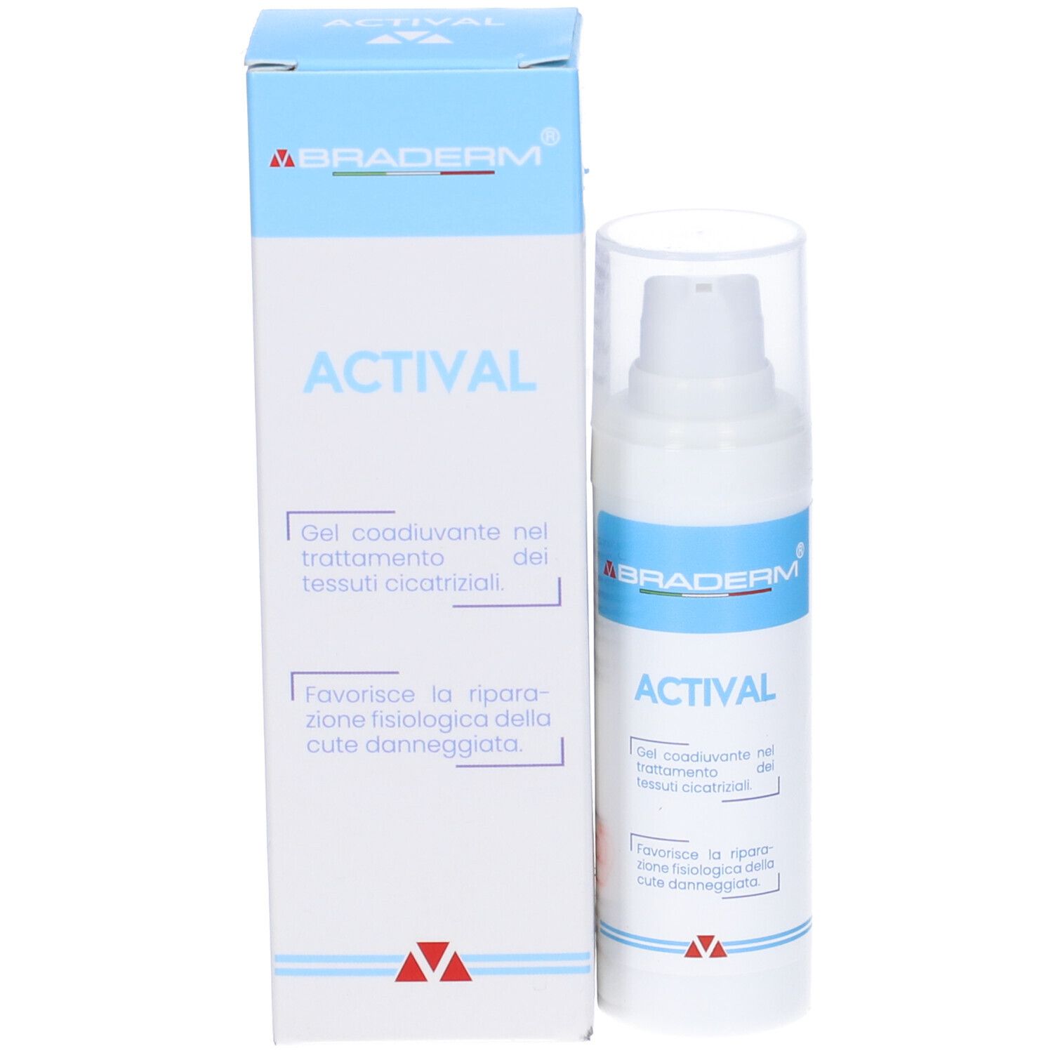 Confezione del prodotto con flacone e scatola. Testo: Braderm, Actival. Gel per il trattamento dei tessuti cicatriziali. Con dosatore.