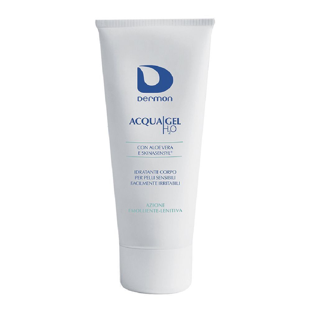 Tubo bianco con logo e testo blu. Dermon, Acqua Gel H2O, con Aloe Vera e Skinasensyl. Per pelli sensibili.