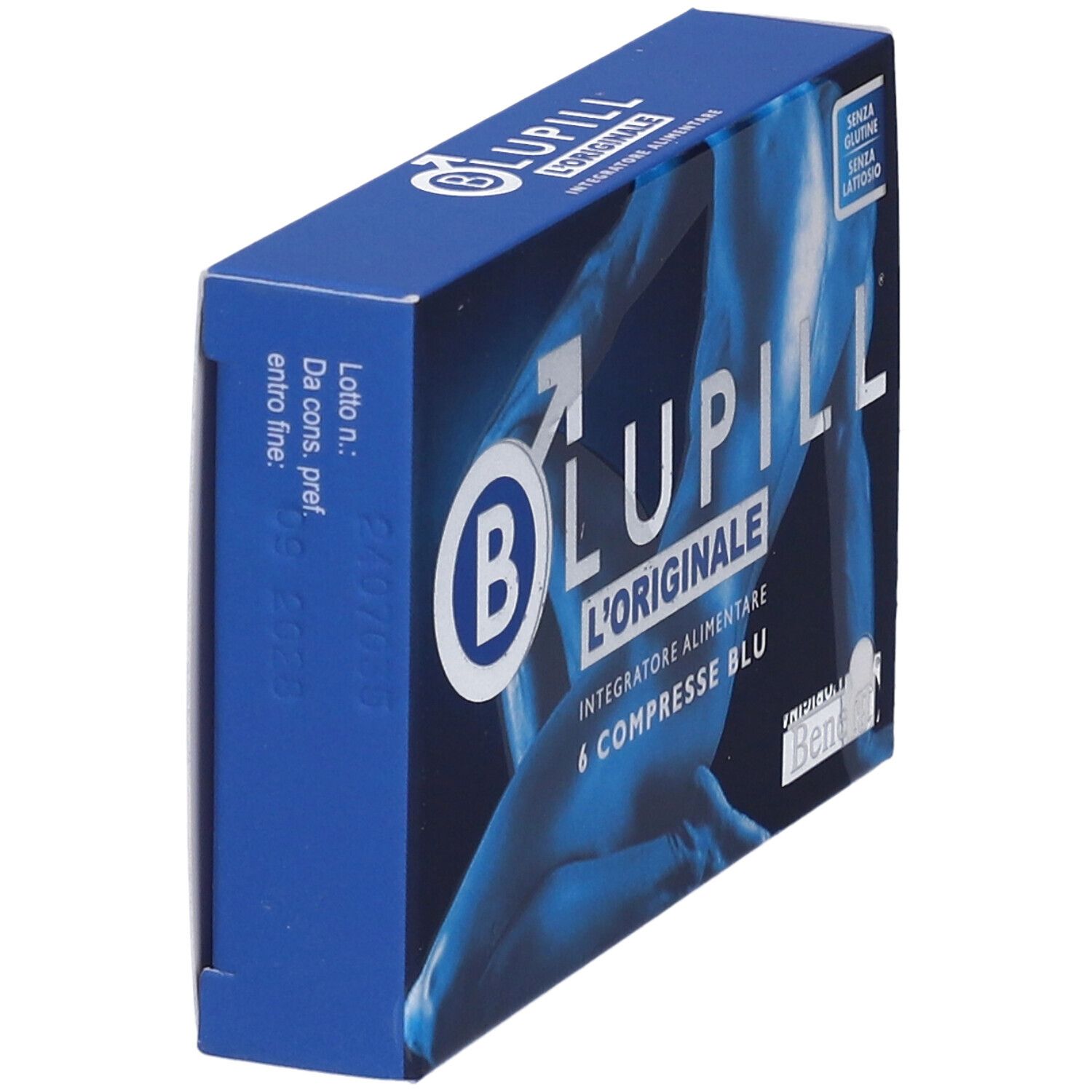 Blaue Schachtel BLUPILL L'ORIGINALE, 6 compresse blu. Glutenfrei, laktosefrei. Seitenansicht.