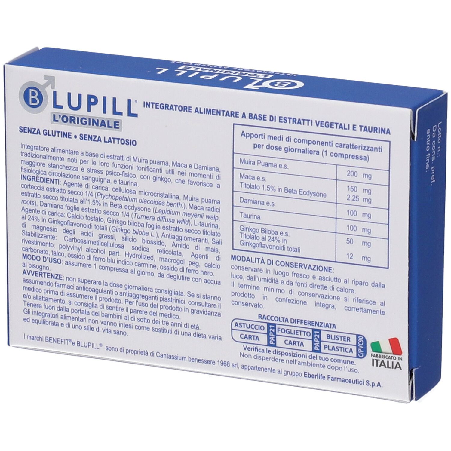 Rückseite der BLUPILL-Schachtel. Enthält Informationen zu Inhaltsstoffen und Nährwerten. Glutenfrei, laktosefrei.